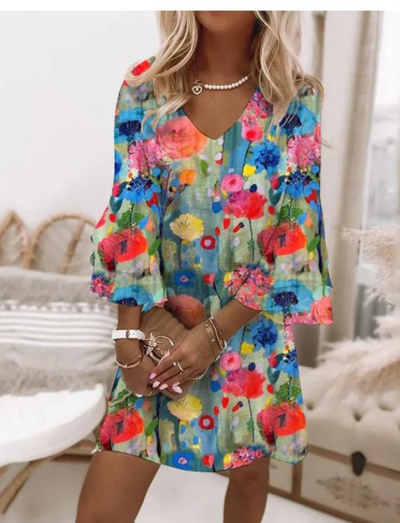 New, Fresh Printed V-Neck 3/4 Sleeve Mini Ladies Dress