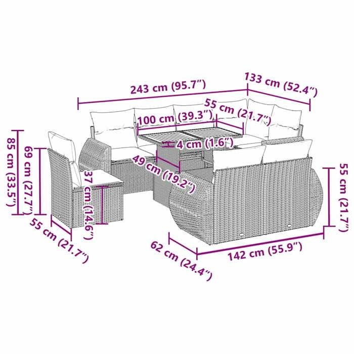 VidaXL Salon de jardin 9 pcs avec coussins gris résine tressée, ensemble de canapés d'extérieur, ensemble de canapé d'angle 3327281