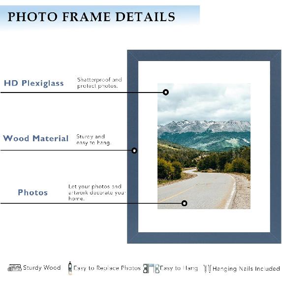 8x10 Picture Frame with 6x8 Mat, Display 6x8 with Mat or 8x10 Without Mat, Wood 8 by 10 Photo Frame, 8 x 10 Frame for Wall Hanging and Tabletop