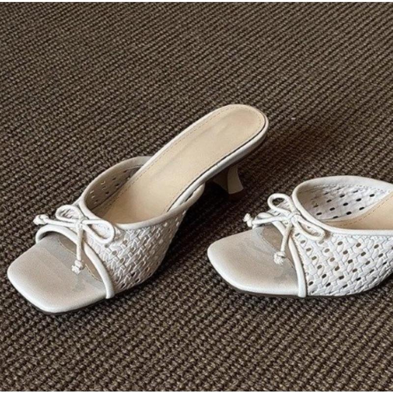 Fashion New Women's Summer Butterfly-knot Slippers Street Style Square Toe Thick Heel Dress Shoes Outdoor Ladies Slides Zapatos Mujer