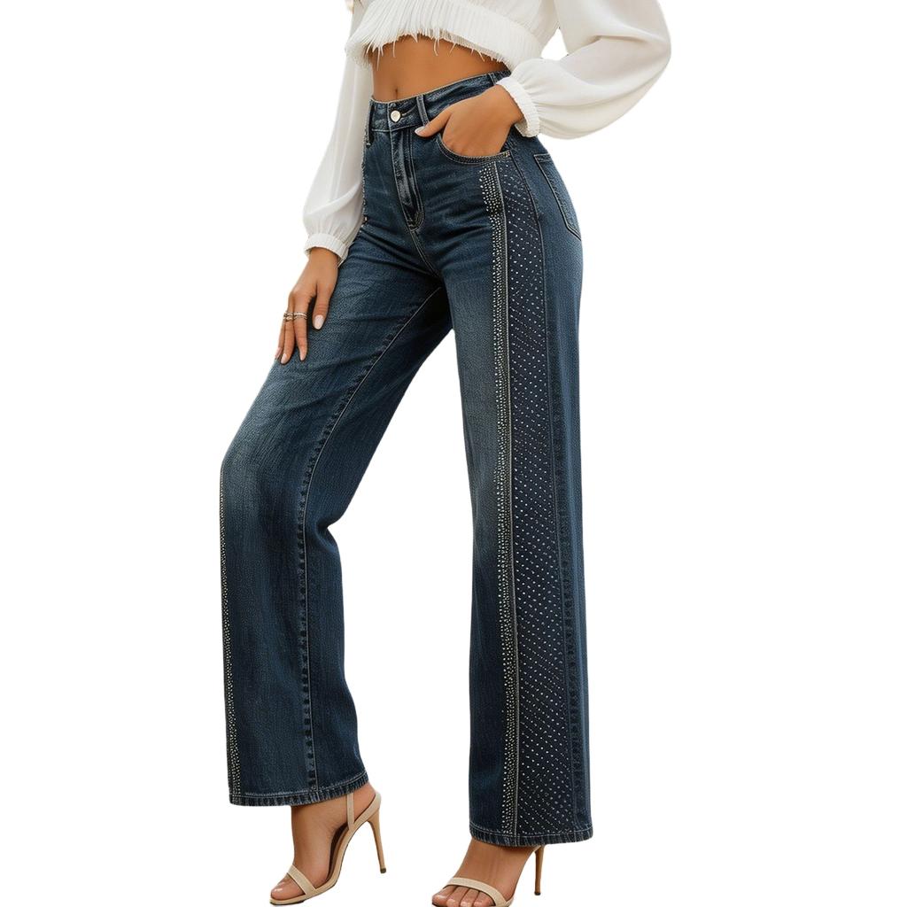 Damen Jeans mit weitem Bein und Verzierungen Lässige lockere Denim-Hose