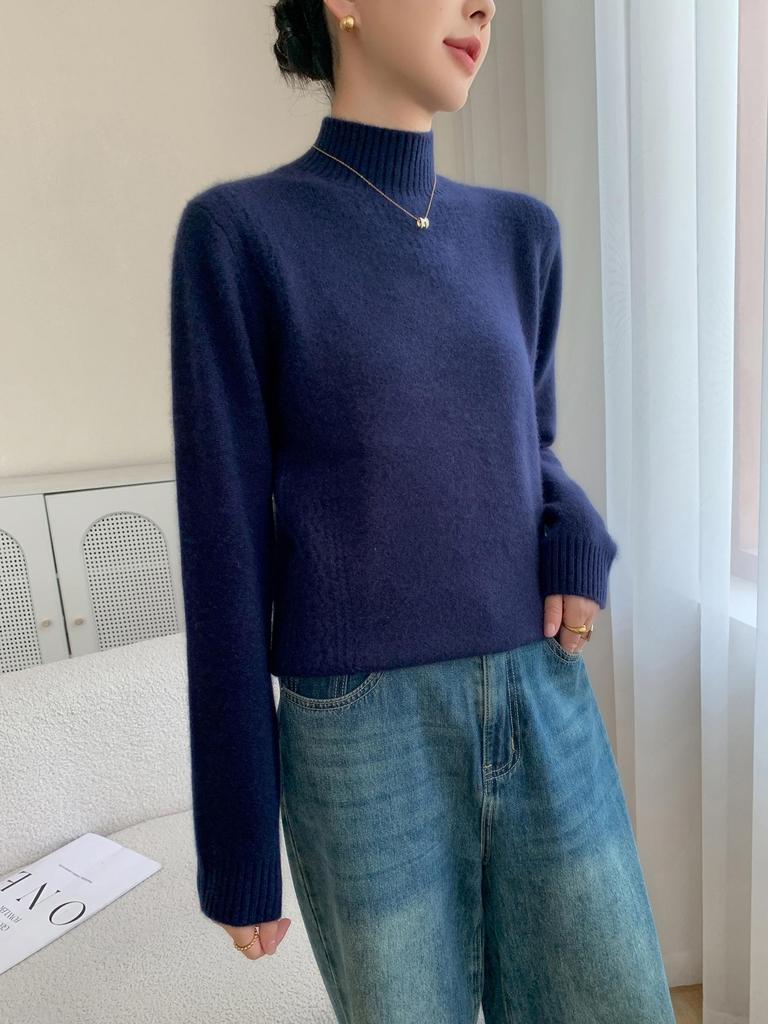 Women's Autumn-Winter Cashmere Jacquard Sweater - Half-High Neck, Loose, Slimming Knit Top