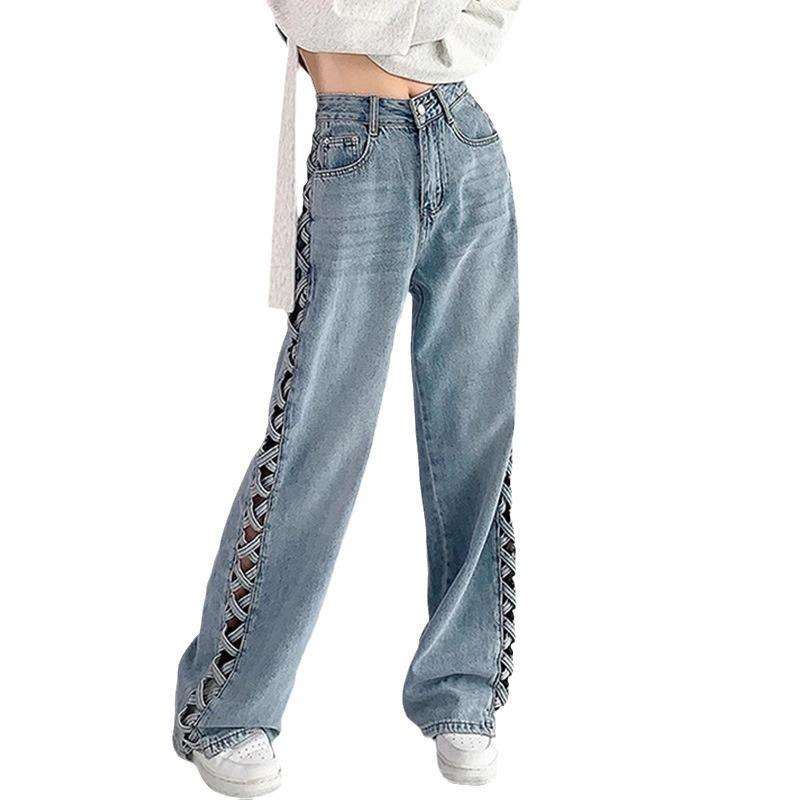 Spring 2024 Women's Designer High-Waisted Braided Hollow Wide-Leg Jeans