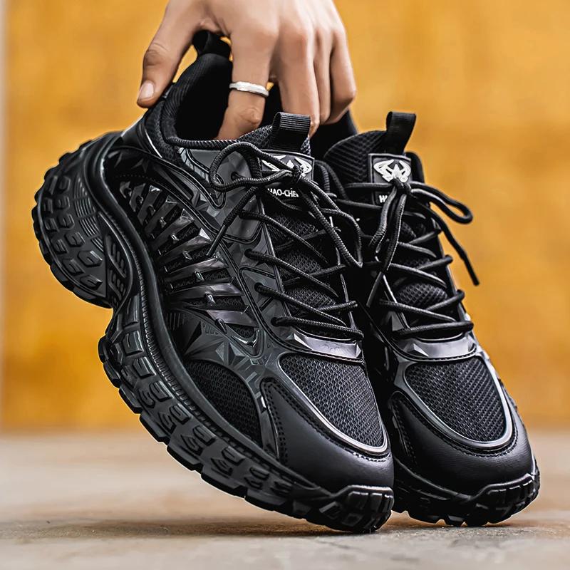 Ultra-light Thick-soled Men's All-season Drawstring Solid-color New Wear-resistant Tire-soled Casual Sports Running Shoes
