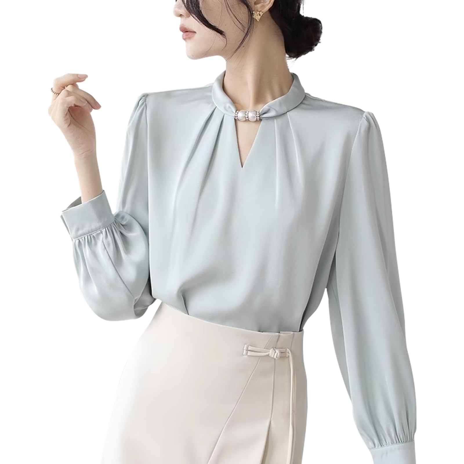 

[SYitong] Women s Shirt Blouse, Stand Collar, Long Sleeves, Front Tuck, Stylish, Washable, Pearl, Elegant White Blouse, Relaxed Fit, Figure-Flattering
