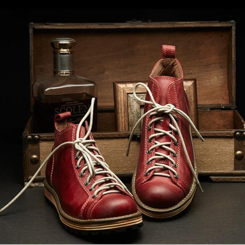 Herren Amekaji Stil Hohe Arbeitsstiefel, Robuste Britische Vintage Lederstiefel mit Klobiger Spitze und Klobiger Sohle, Robust & Lässig