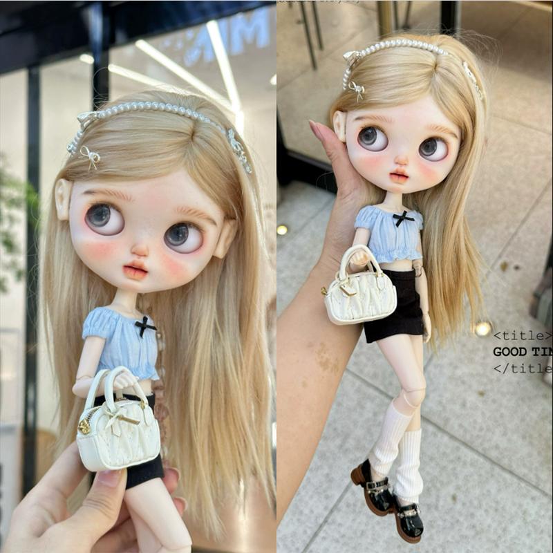 DLBell Fashion Blythe Clothes Off Shoulder Bow Top and Mini Plaid Short Skirt for Blythe OB24 Licca Pullip 1/6 Dolls Outfit