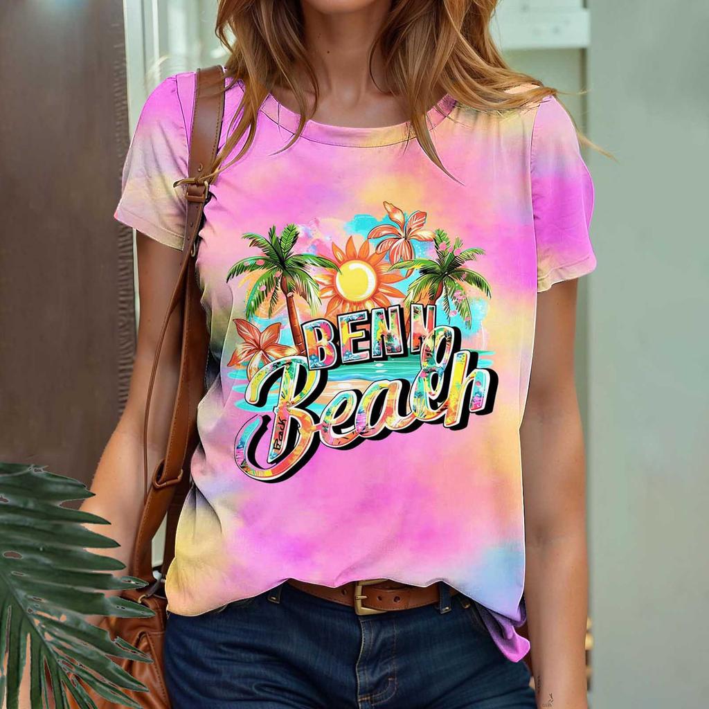 Summer Fruit Coconut Tree Gradient 3D Print Beach T-Shirts Short Sleeve O-Neck Women's T-shirts