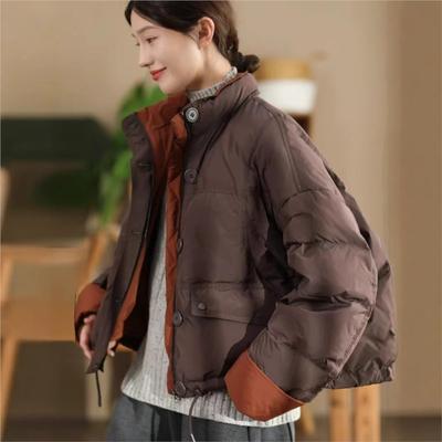 Woman Winter Color Blocking Drawstring Coat Fashion Long Sleeves Vintage  Loose Turn Down Collar Coat