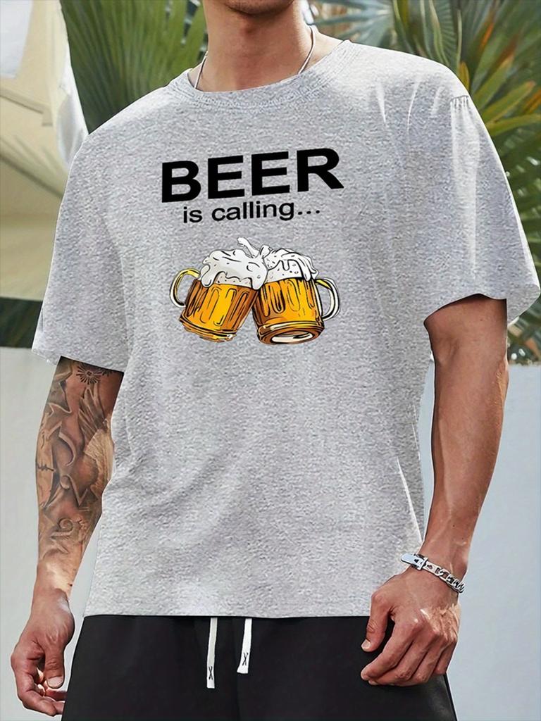Unisex Beer Mug Cheers Graphic Tee Beer Is Calling Funny Print Cotton Short Sleeve Crew Neck Bar Pub Daily Casual Street Basic Top