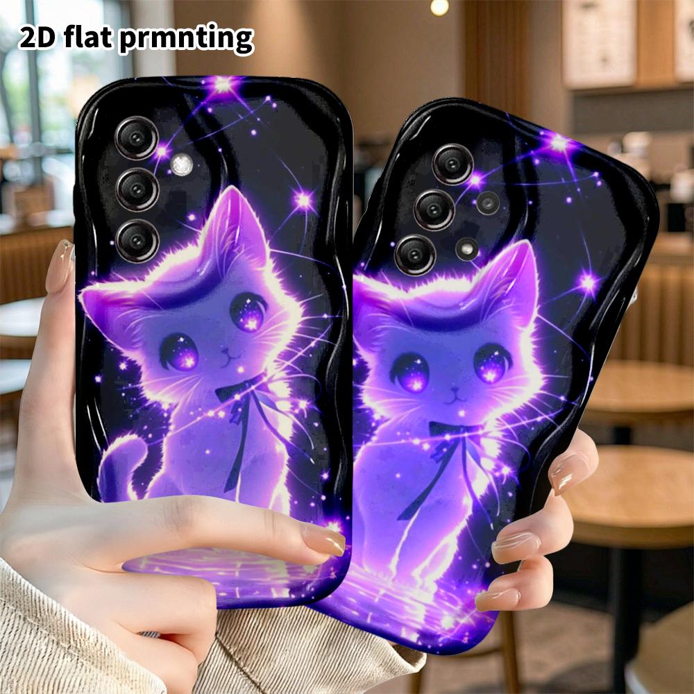Phone Case: 2D Flat Samsung Galaxy A34 A35 S20 S22 S21 FE Plus Ultra Protective Case, Neon Glowing Purple Kitten, Christmas and Halloween Gift