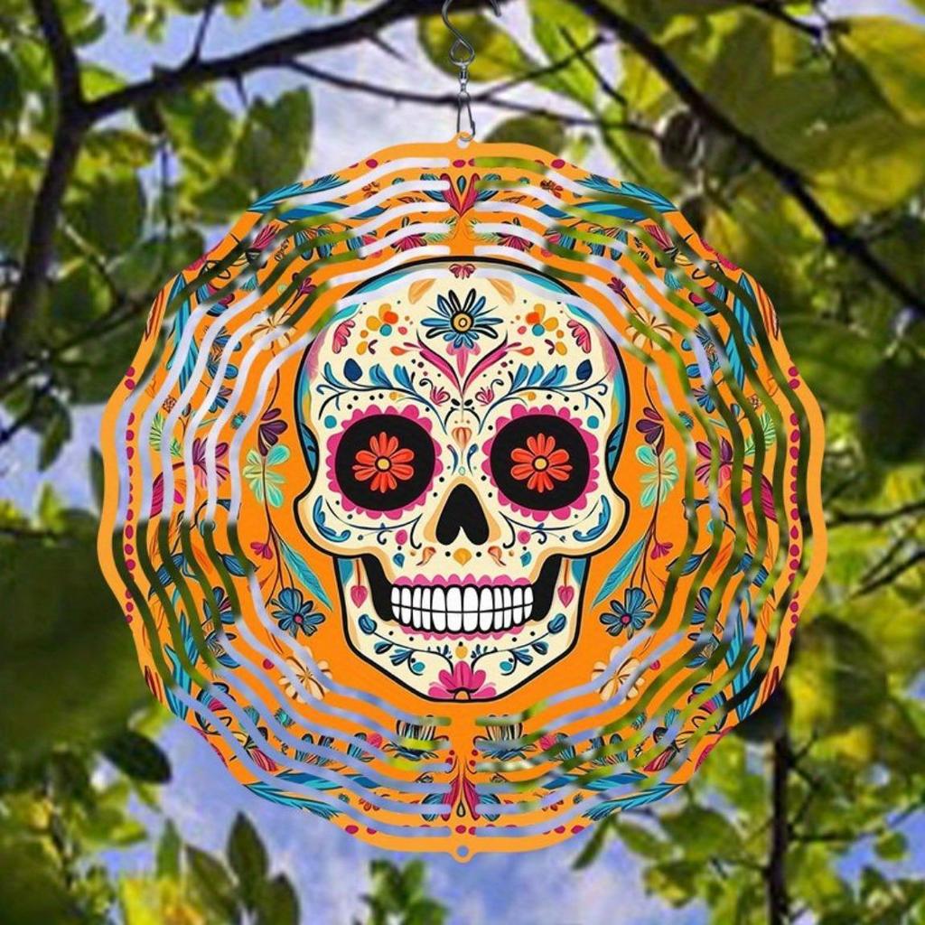 Żywy Dzwonek Wietrzny Czaszka ze Wzorami Kwiatowymi Kolorowy Metalowy Zewnętrzny Wiszący Dekor do Ogrodu Patio Podwórka Trwałe Dzwonki Wietrzne na Zewnątrz