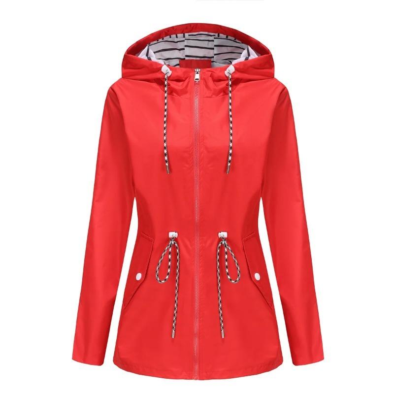 Red Waterproof Hooded Jacket Women Fashion Casual Coat Waist Drawstring Tie Zipper Switch Blue Green Yellow Black Windbreaker