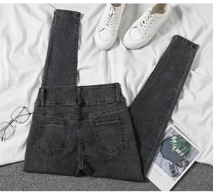Women's High Waist Elastic Denim Skinny Pants - Double Button Pencil Style for Spring, Autumn, Winter