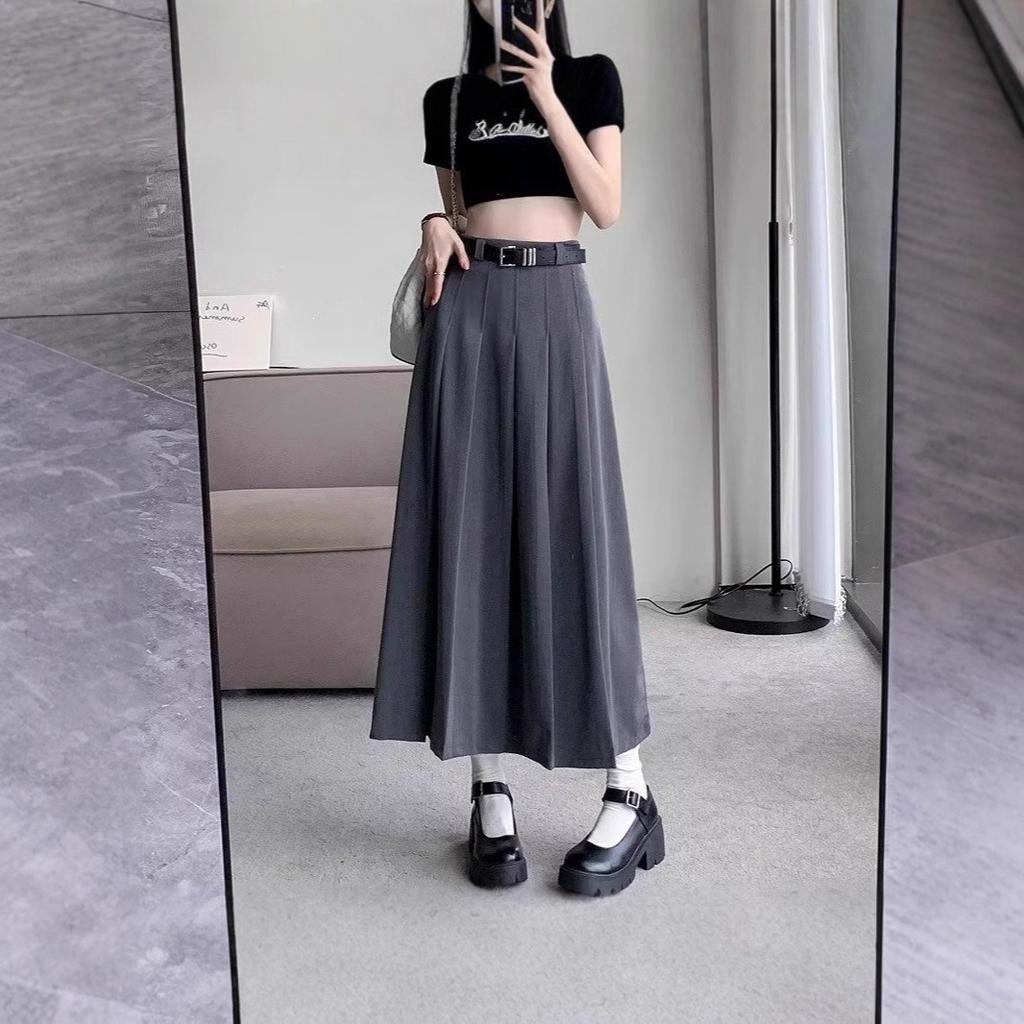 Women's High Waist Gray Pleated Suit A-line Midi Skirt With Free Belt Petite Friendly Slimming Long Skirt 2025 Fall Casual Office Bottomwear