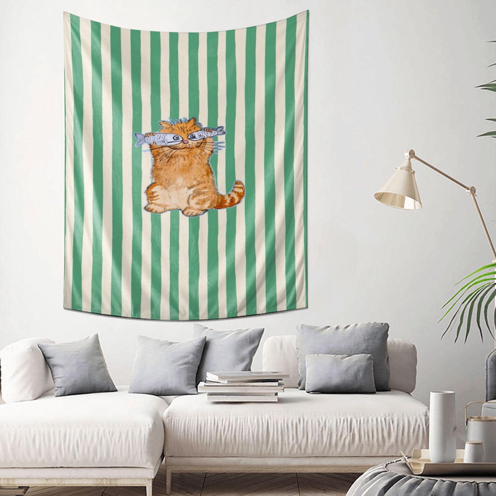 Cute Orange Cat Fish Pattern Fabric Tapestry Wall Art Decor for Bedroom Living Room 74x94cm(29x37in)