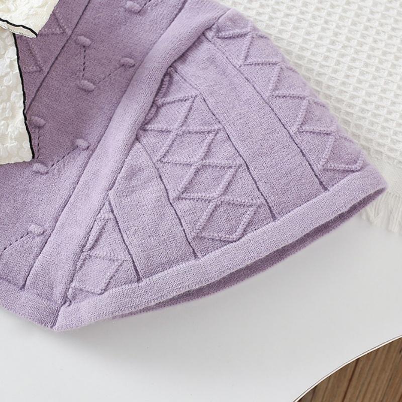 2025 New Autumn Korean Style Cape Knit Dress 2 Piece for Kids Clothing Set Bowknot Long Sleeve Dress Set