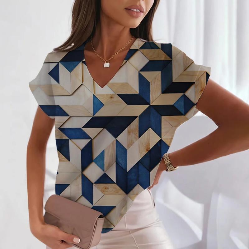 Summer Trend V-neck T-shirt Street Cool Trendy Women's Loose Fashion Personality Geometric Pattern Short-sleeved Top