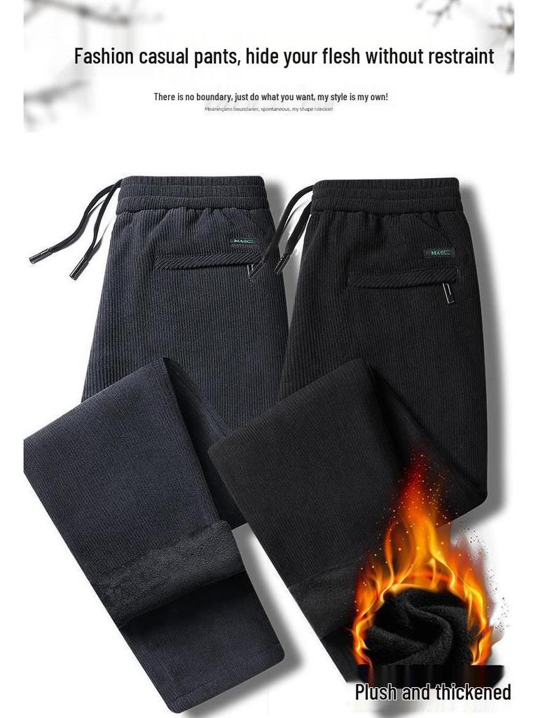 Men's Large Corduroy Warm Winter Casual Straight-Leg Pants with Velvet Lining