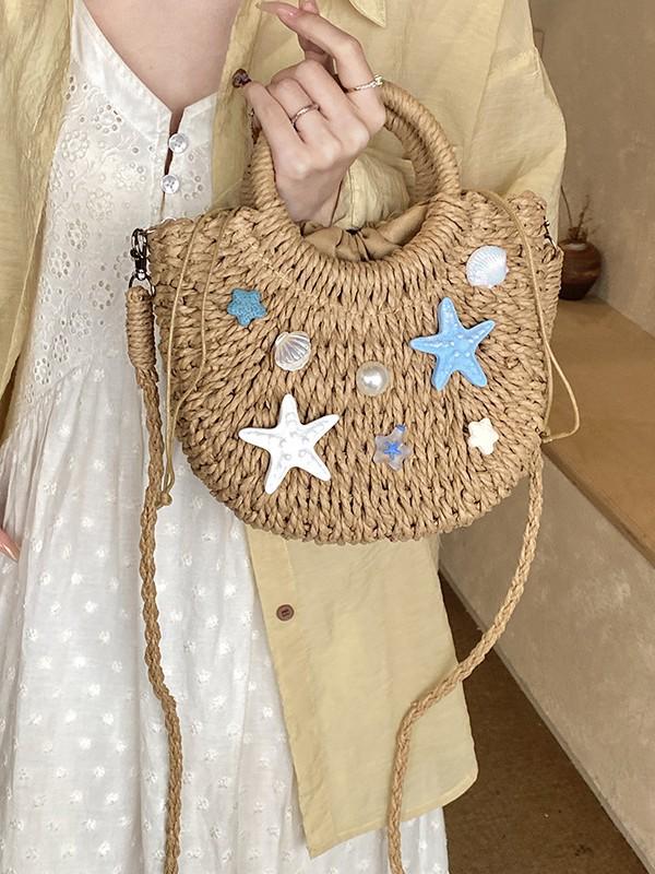 Island Resort Starfish & Shell Handwoven Straw Crossbody Bag