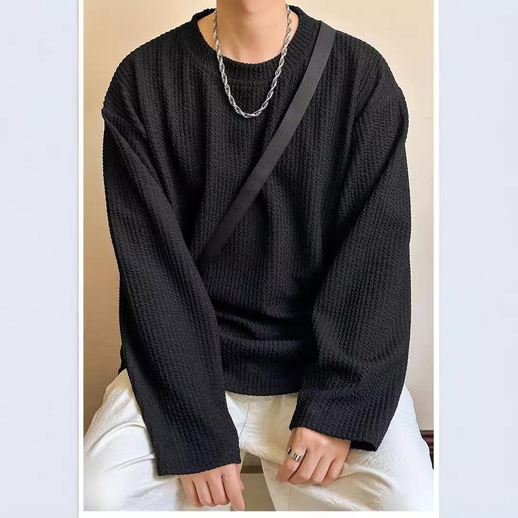 Pánská volná trička na jaro a podzim, jednobarevná, s dlouhým rukávem, s kulatým výstřihem, ležérní trička, pánská móda, streetwear trička, topy, nadměrná velikost 5XL