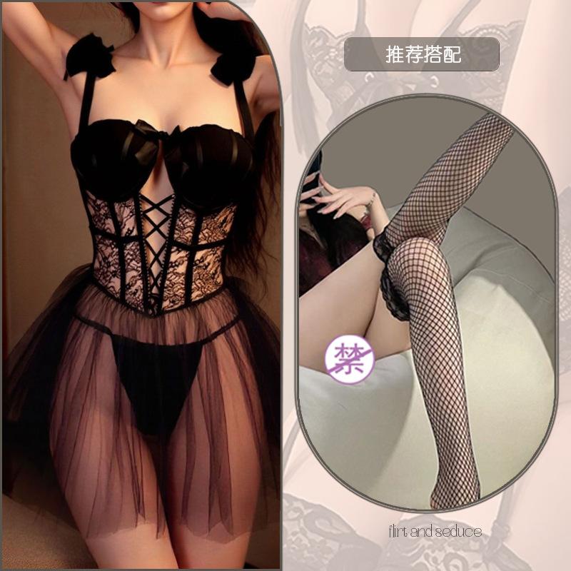 Sexy lingerie slim mesh perspective plus chest pad steel ring gathering women's suspender sex nightdress set