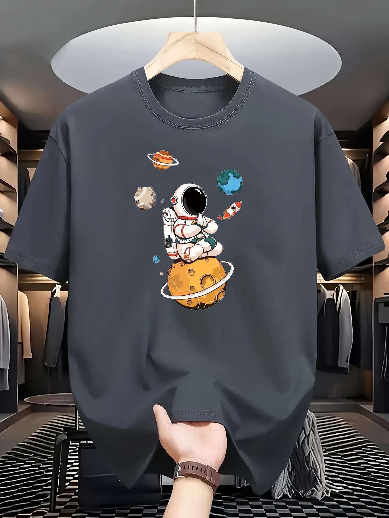 

Men s summer 100% cotton fashionable casual loose sports Cartoon Astronaut Planet Pattern round neck short sleeved T-shirt top 5XL різнокольоровий