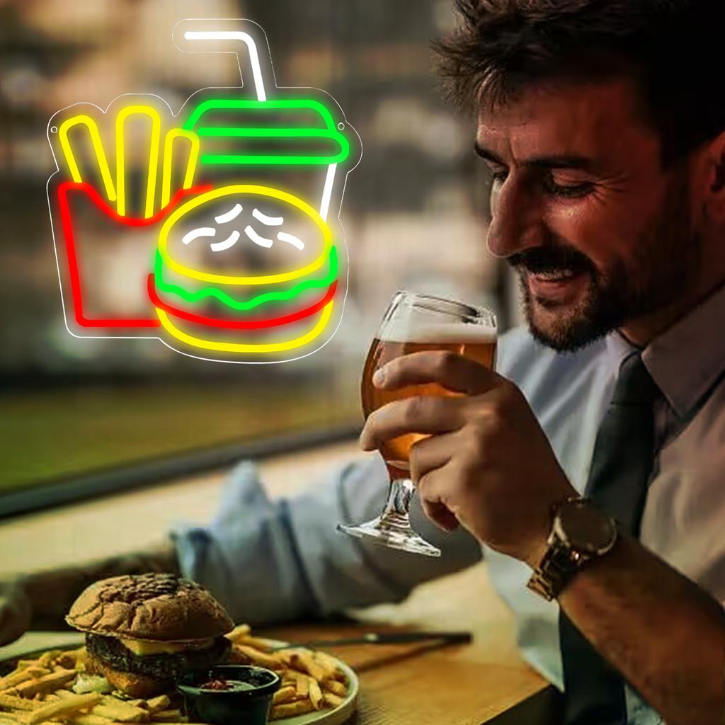 Burger Neon Sign for Burger Shop Decor French Fries LED Neon Light Fast Food Business Signs for Restaurant Store USB Powered