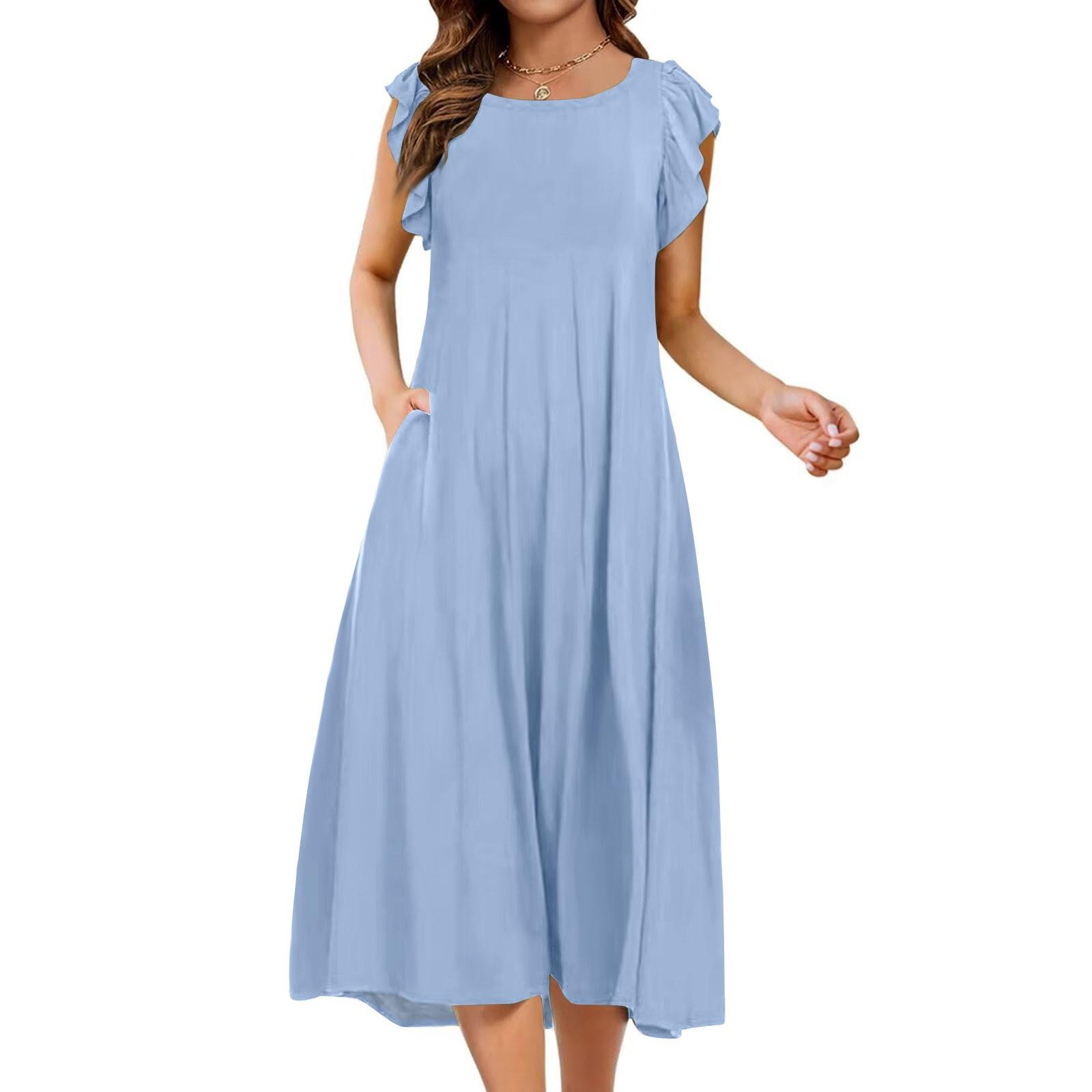 

Женское цельное платье с короткими рукавами, расклешенными рукавами, свободное повседневное платье с круглым вырезом XL синий