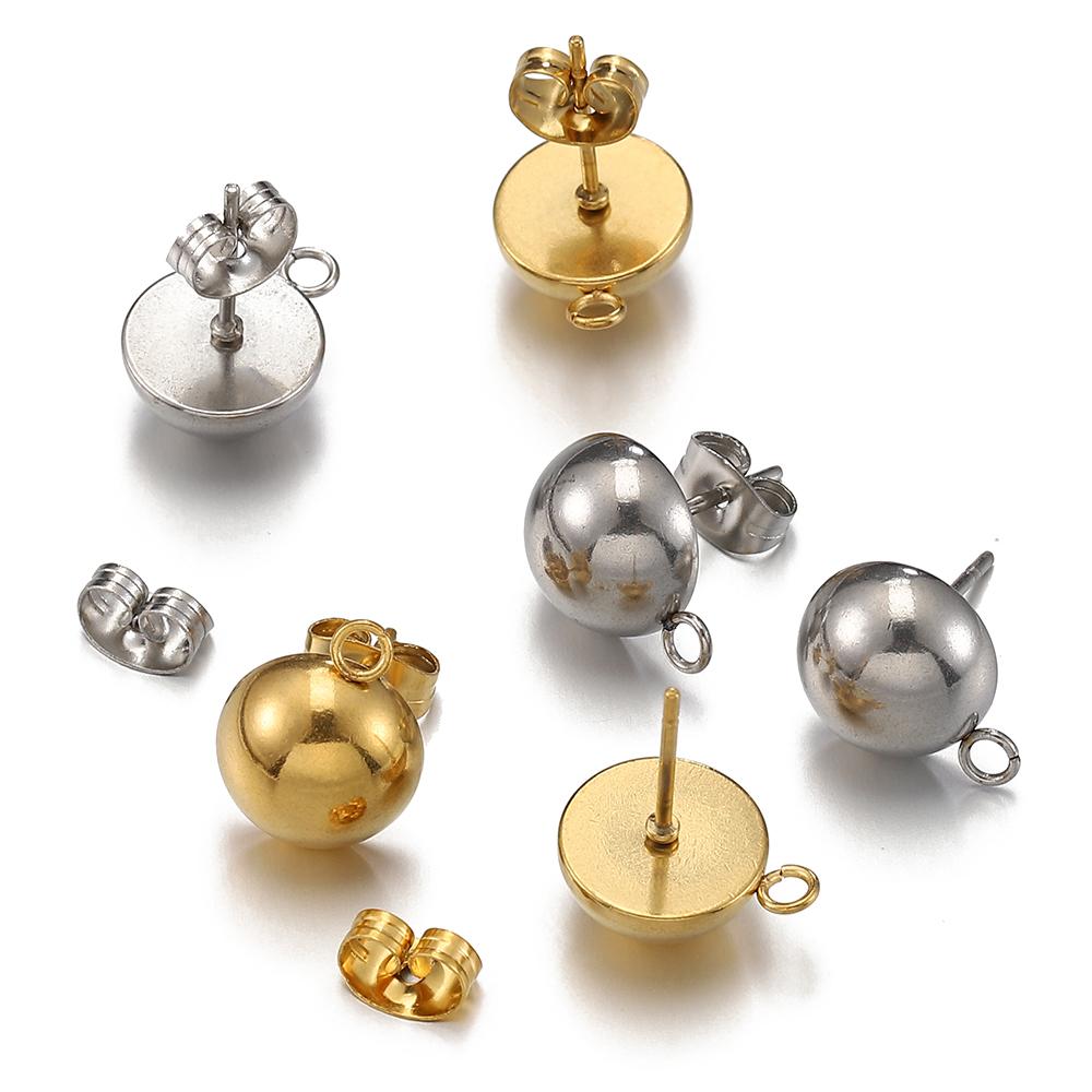 10pcs Stainless Steel Ear Studs Mushroom Ear Post with Open Rings DIY Half Ball Dangle Drop Earring Jewelry Making Accessories