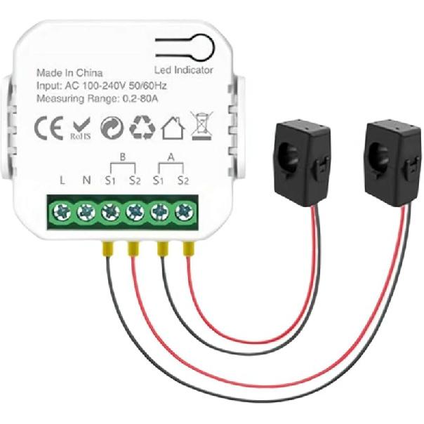WiFi Smart Single/Dual Channel Energy Meter with Buzzer Alarm and App Alarm, Setable Threshold 1/2 Clamp 80A - Bidirectional, Smart Life App Control