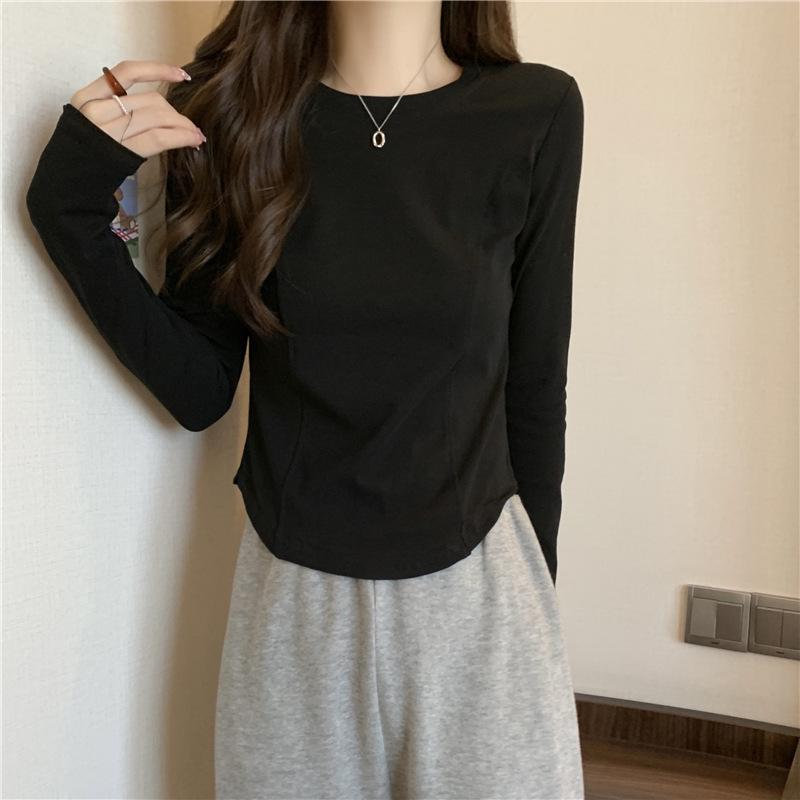 Women's Slim Fit Long Sleeve Herringbone T-Shirt - Round Neck, White, for Spring, Autumn, and Winter.