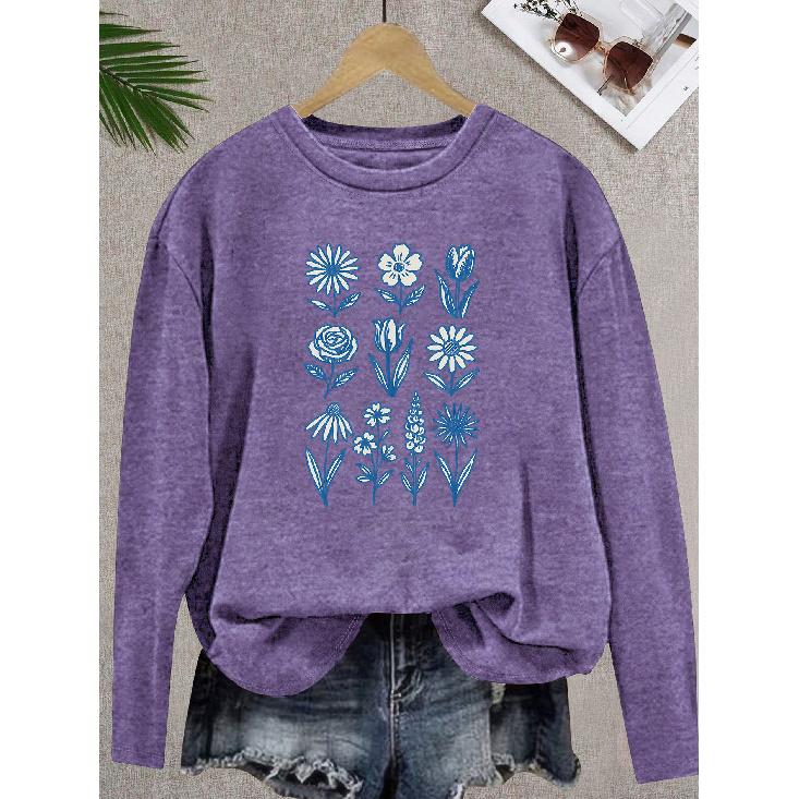 Elegant long-sleeved gift for women Blue multi-category daisy tulip rose fresh floral print pattern vintage round neck T Fresh and stylish,