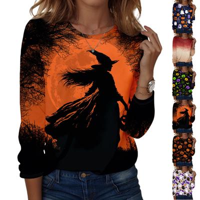 Womens Halloween Pullover Sweatshirt Long Sleeve Crewneck Top Casual Printed Blouse Lightweight Comfortable Fit