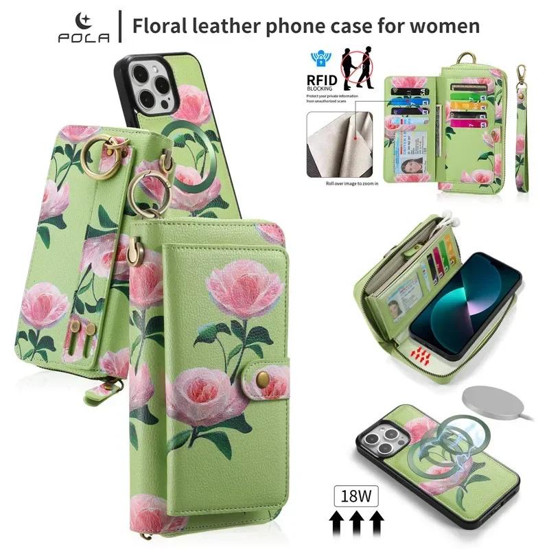 Magnetic Lanyard Leather Zipper Wallet Card Phone Case for iPhone 17 Air 16 15 Pro Max 14 Plus 13 12 11 XS XR X Flip Stand Cover