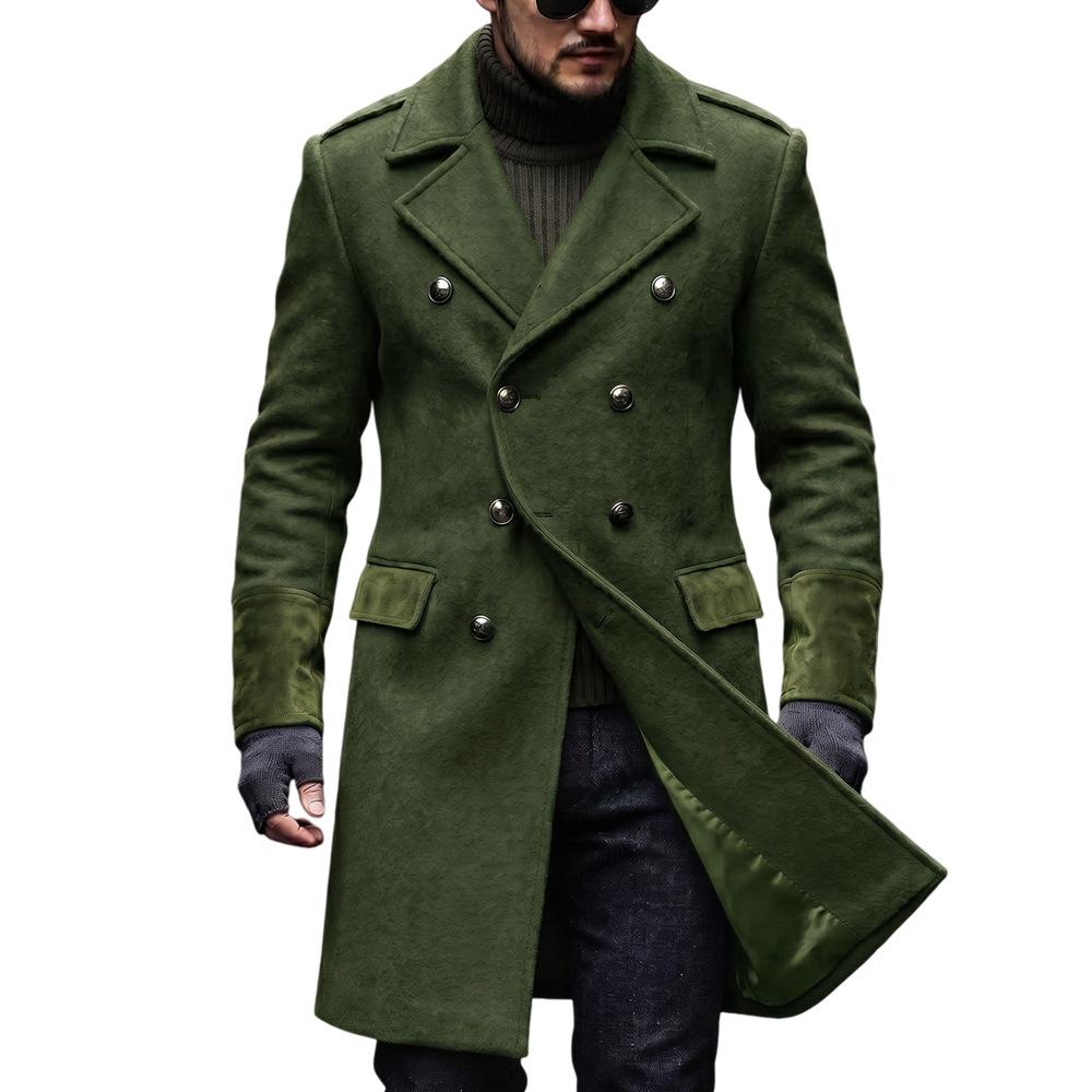 Autumn Winter Men Mid Long Woolen Overcoat England Style Double Breasted Lapel Business Casual Warm Solid Color Outerwear Men