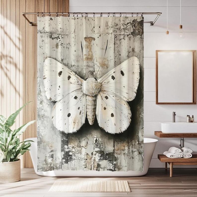 Vintage White Moth Painting Shower Curtain, Gothic Boho Bathroom Decor, Mystical Insect Art, Moth Illustration Curtain W90XH180cm
