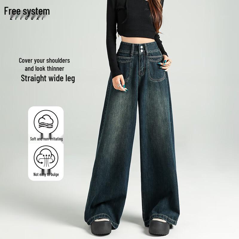 

Women s High-Waist Wide-Leg Loose Drapey Denim Jeans L