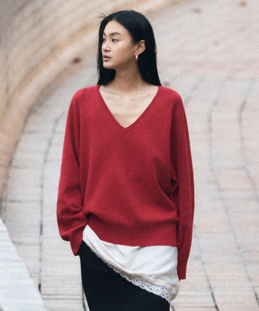Siyajyu Sikn2181 Balloon V-Neck Loose Fit Knit_Red