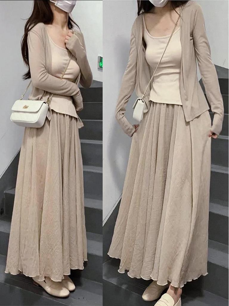 Women's High-End Retro Ice Silk Midi Skirt - Cotton, Linen, Slimming Fit, Large Hem, Floor-Length, Spring/Summer 2026