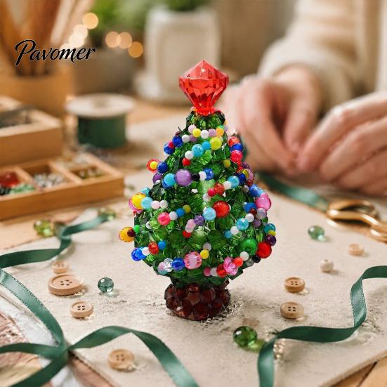 Decorative Holiday Charms Handmade Beaded Christmas Tree Ornament, Sparkly Crystal Bead Mini Art for Holidays Tabletop Decor, Hand-Woven Xmas Desktop