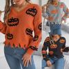 Women's Hooded Sweatshirt with Halloween Print Contrasting Colours Pumpkin Patchwork Long-Sleeved Pullover Women's Knitted Sweater