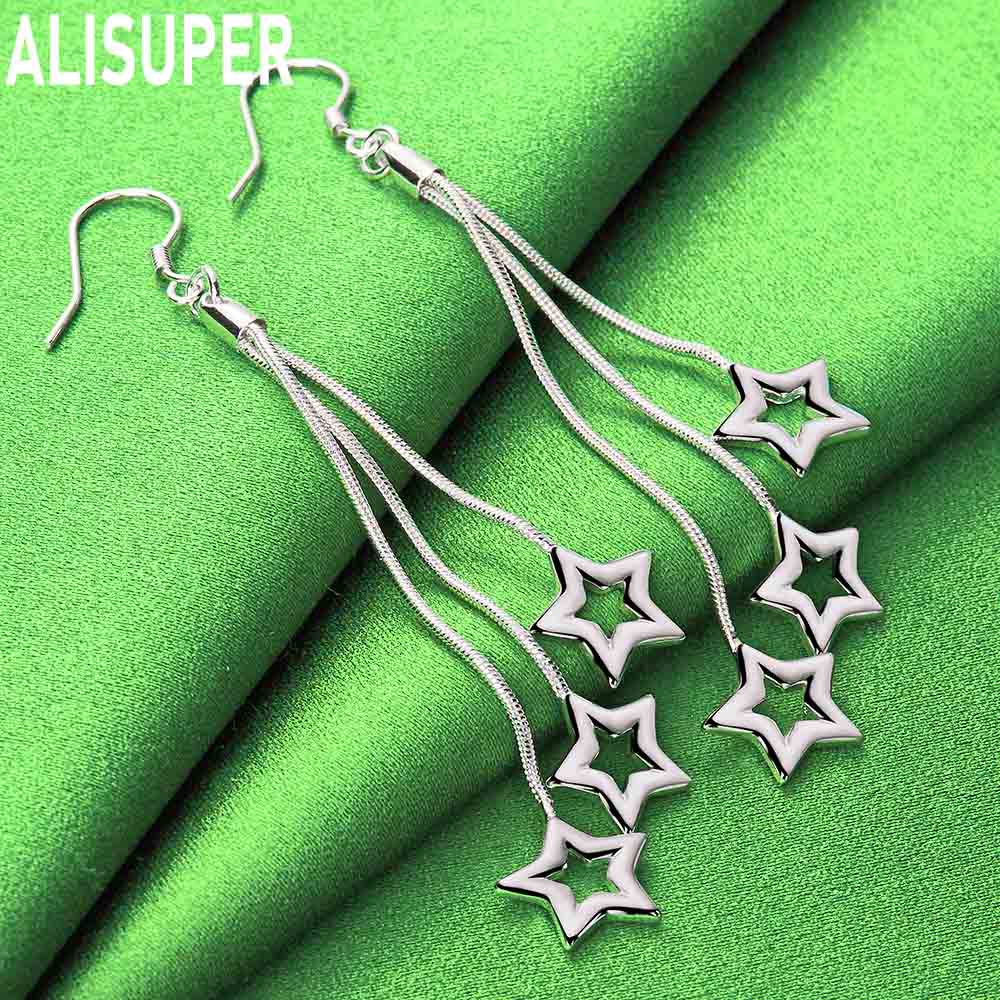 925 Sterling Silver Three Snake Chain Star Shaped Perforated Earrings Fashion Charm Wedding Jewelry