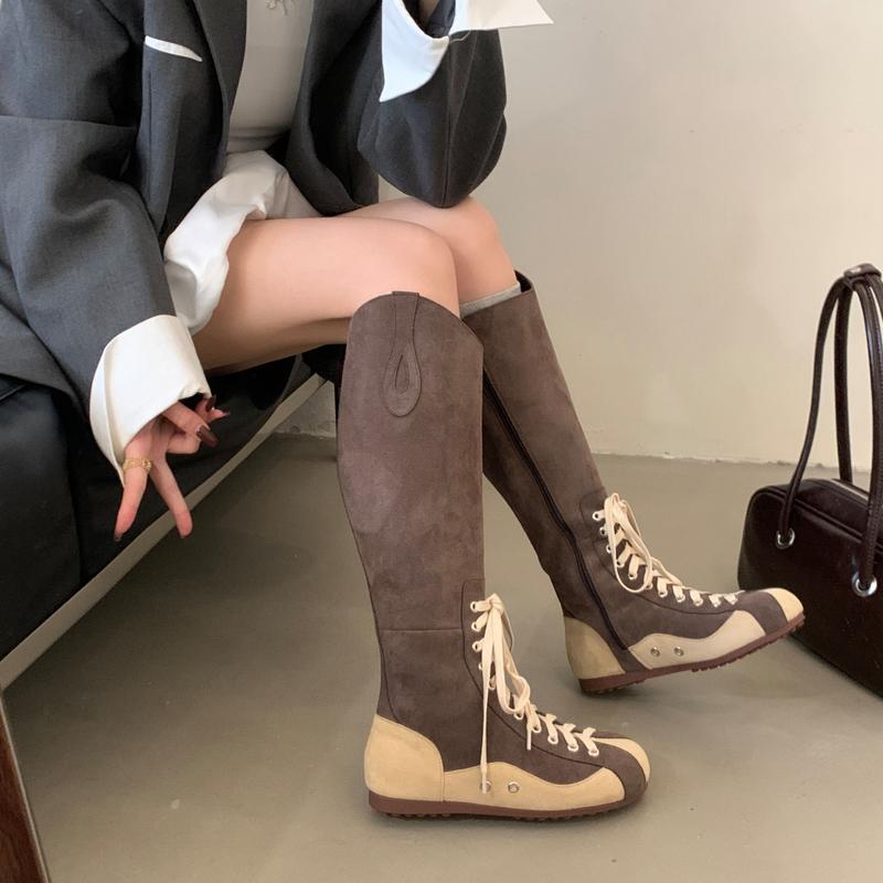 Fashion Brown Knee High Boots Women Round Toe Lace Up Winter Shoes Vintage Sporty Style Flat Heels Long Boots Khaki Botas De Mujer