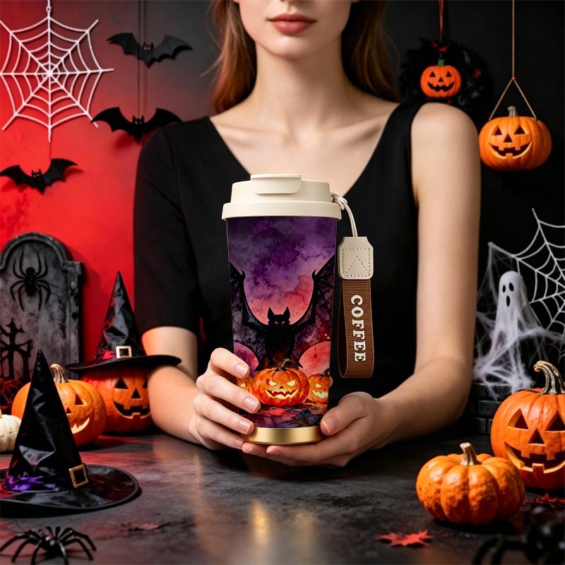532ml Coffee Cup Halloween Giant Black Bat Pumpkin Lamp MotifPortable Thermos Car Portable Cup Commuter Coffee Cup 532ml Coffee Cup