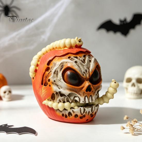 Niche Horror Collection Pieces Halloween Skull Apples Resin Statue, Gothic Spooky Decor with Tabletop Props Worm, Prop for Party Haunted House, Unique