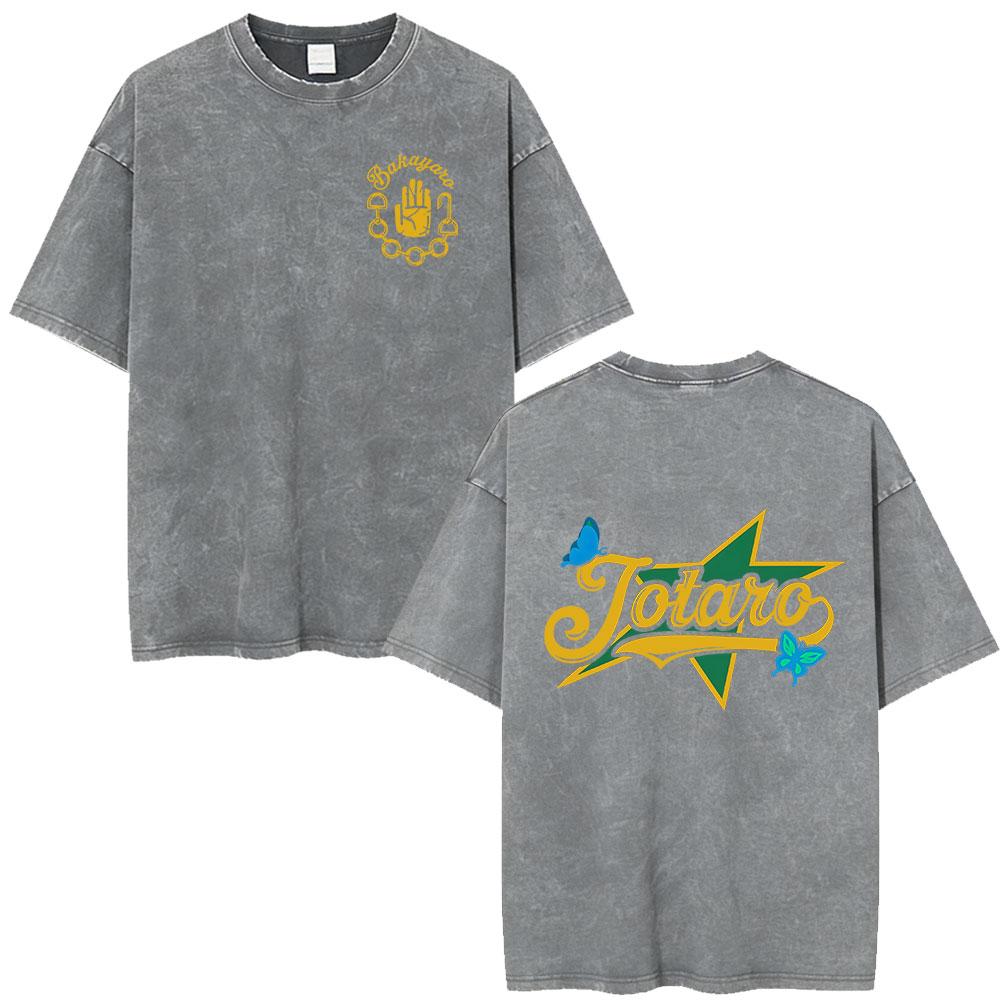 Anime Jojo Bizarre Adventure Kira Yoshikage Killer Queen Acid Washed T Shirt Mens Casual Cotton Short Sleeves Oversized Tshirts