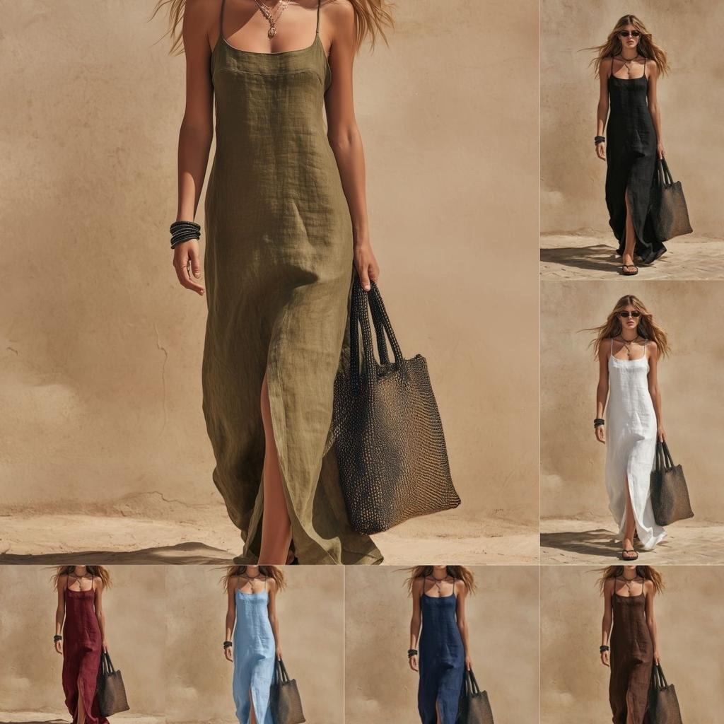 European and American independent station summer new fashion temperament casual split solid color suspender dress women's clothing