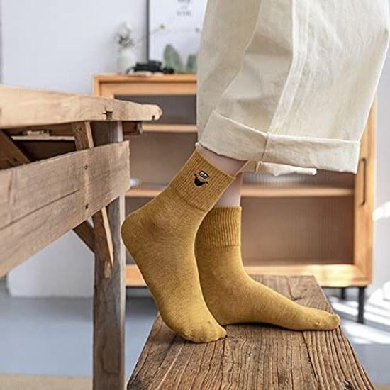 Sekuzy Socks Women Cotton 10 Pairs Set Crew Length Solid Color Stylish Cute Embroidery Colored Autumn Winter Breathable Size 22-25cm Casual Sports