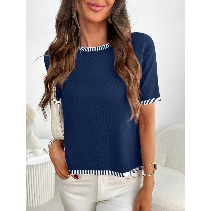 Summer Women's Pullover Short Sleeved Round Neck Short Sleeved Striped Knitted Sweater Shirt